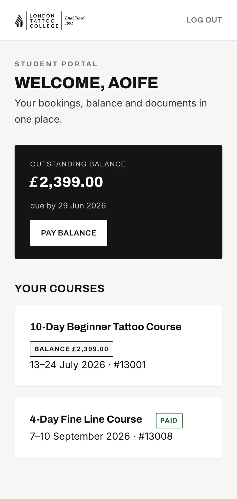 The London Tattoo College student portal open on a phone, showing a course balance and upcoming dates